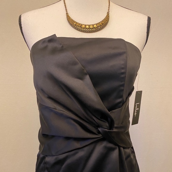 Lulus NWT Black Satin Crossover Sleeveless Rouched  Dress, Little Black Dress - Picture 1 of 12